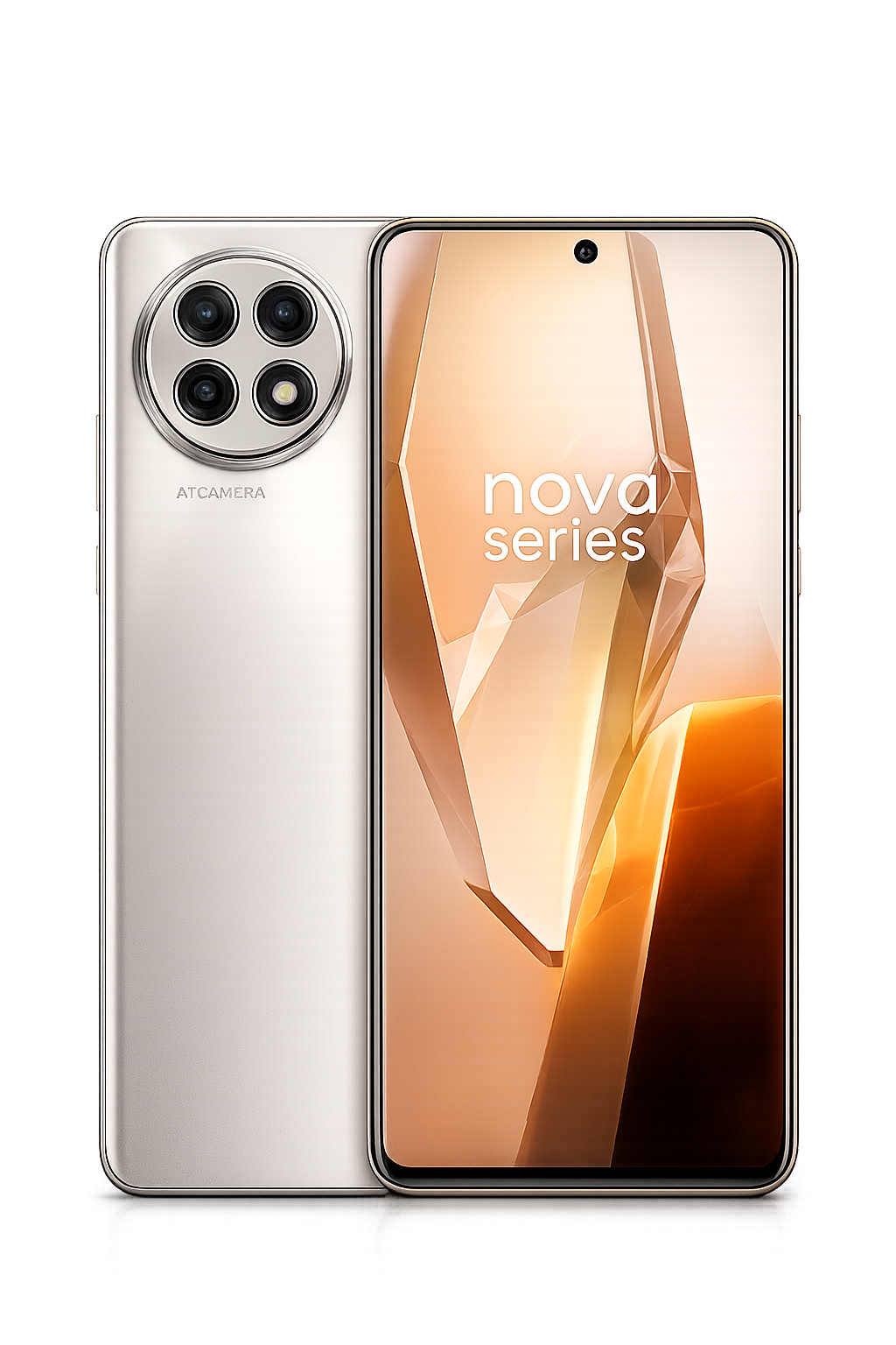 Een smartphone uit de nieuwe serie met een groot scherm en vier camera's aan de achterkant, weergegeven op een houten oppervlak.