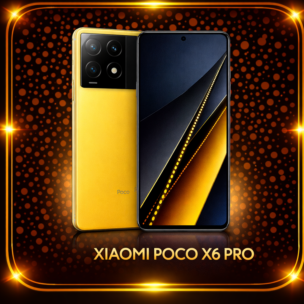 Een promotie afbeelding van de Xiaomi Poco X6 Pro smartphone met een zwarte en gele kleurstelling, op een achtergrond met oranje en zwarte stippen en een gouden rand.