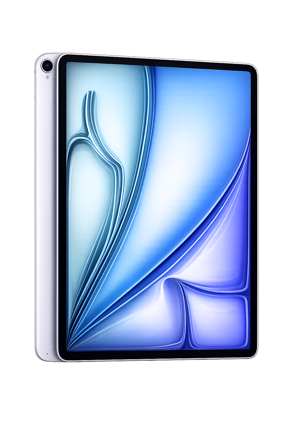 Close-up van een modern tablet met een blauwe en lichte visuele achtergrond op het scherm, tegen een donkere achtergrond met rode lichteffecten.