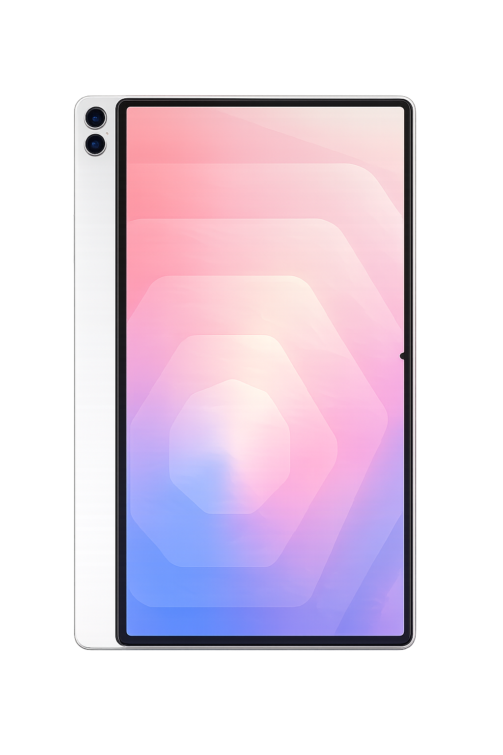 Smartphone met wit frame en dual-camera achterzijde, met een zwart rand om het scherm, op de achtergrond met kleurrijke lichtstralen.