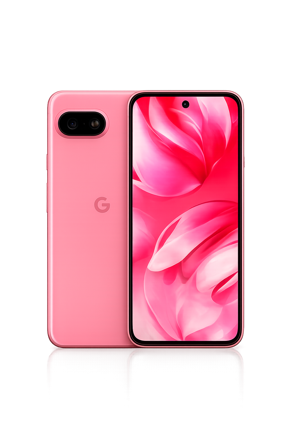 Een roze smartphone met dual camera en een groot scherm met een bloemachtig design.