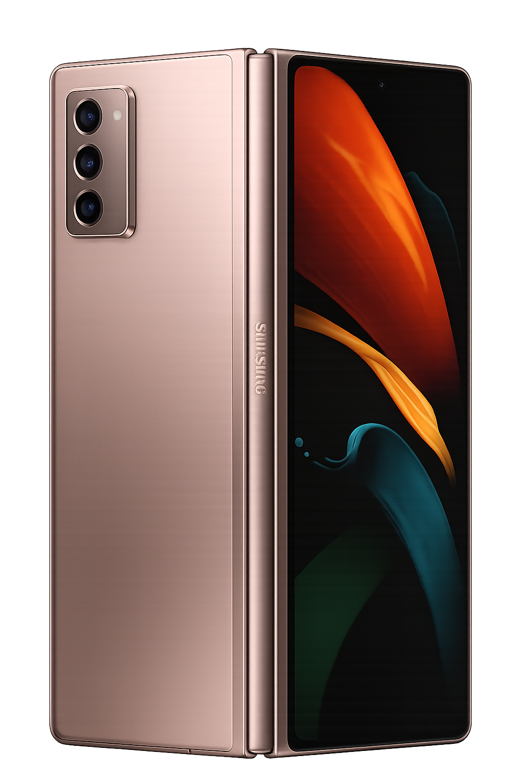 Nieuwe Samsung flip smartphone met drie cameralenzen op de achterkant en een groot scherm aan de voorkant.