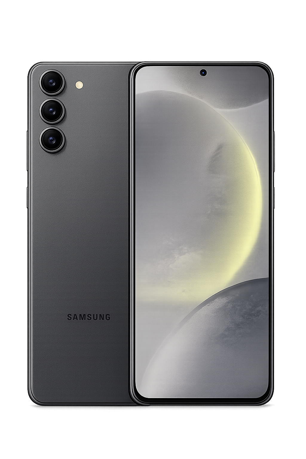 Een moderne Samsung smartphone met drie rear camera's, een frontale camera, en een display met een abstracte maanachtergrond.