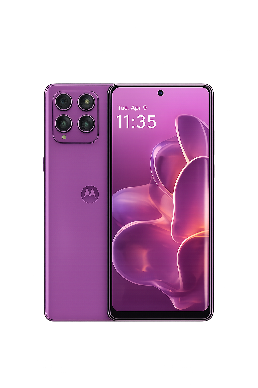 Een nieuwe smartphone in een paarse kleur met vier camera's aan de achterzijde en een frontale schermweergave op de voorzijde, weergegeven tijdens een presentatie.