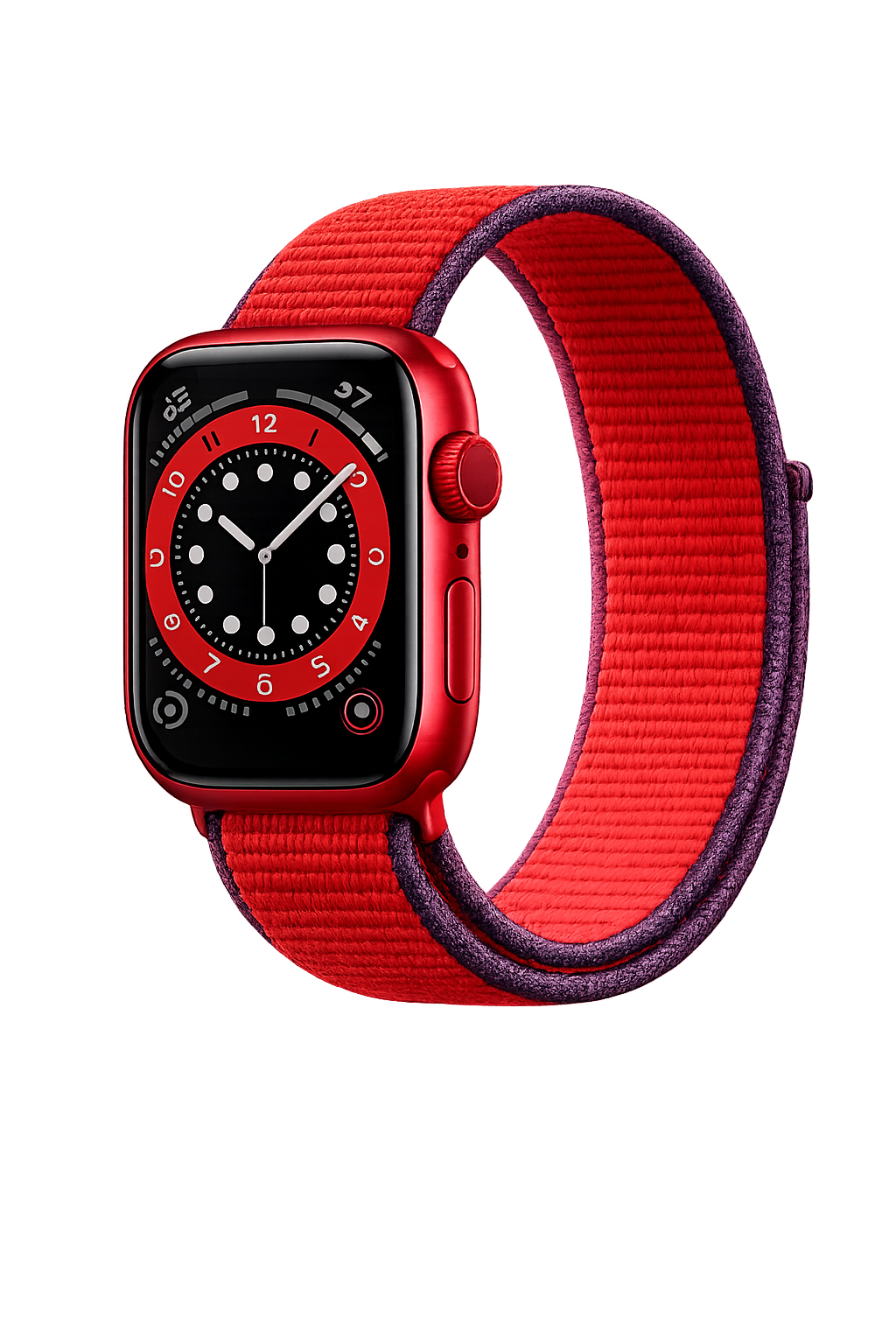 Een rode smartwatch met een band van rood en paars, met een zwart scherm dat een klok toont met een grote rode ring en witte cijfers op een zwarte achtergrond.