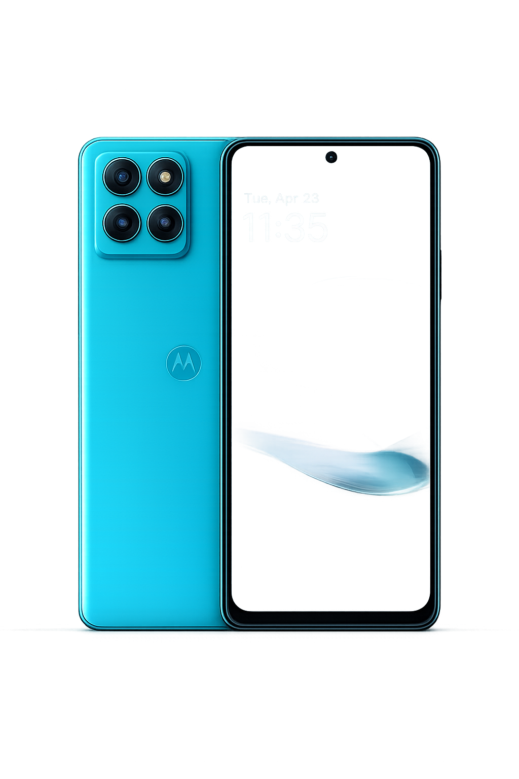 Een smartphone met een blauwe achterkant en een frontscherm, geplaatst op een rode achtergrond.