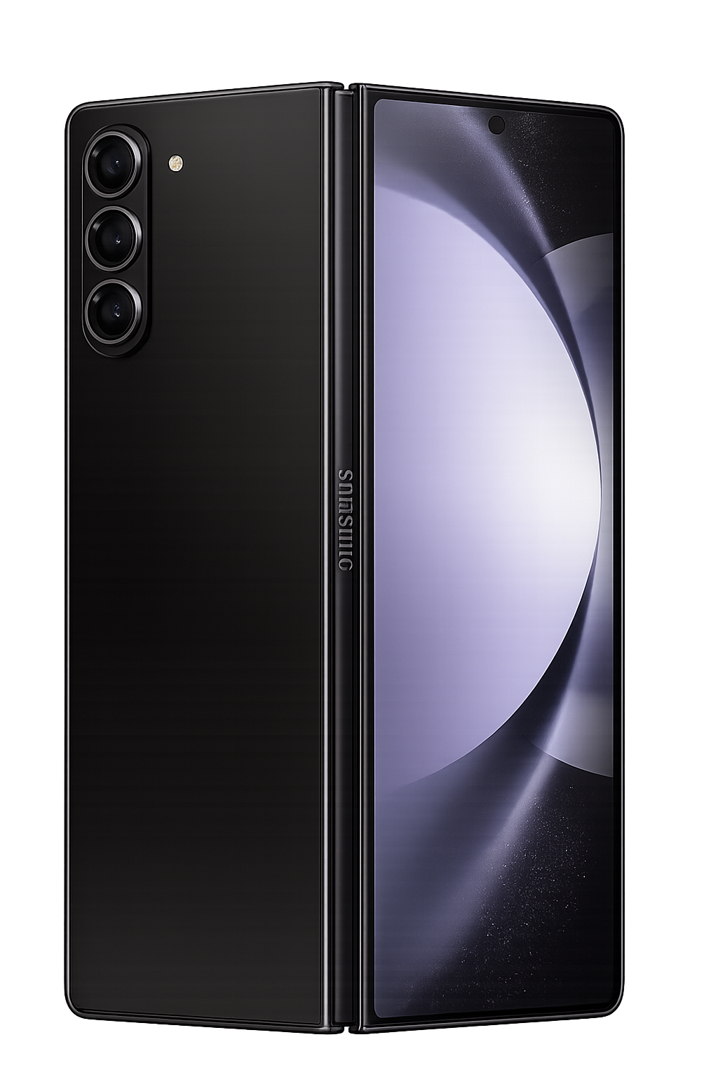 Een zwart Samsung vouwtelefoon met een 3-camera setup aan de achterzijde en een gesplitst scherm dat deels opengevouwen is.