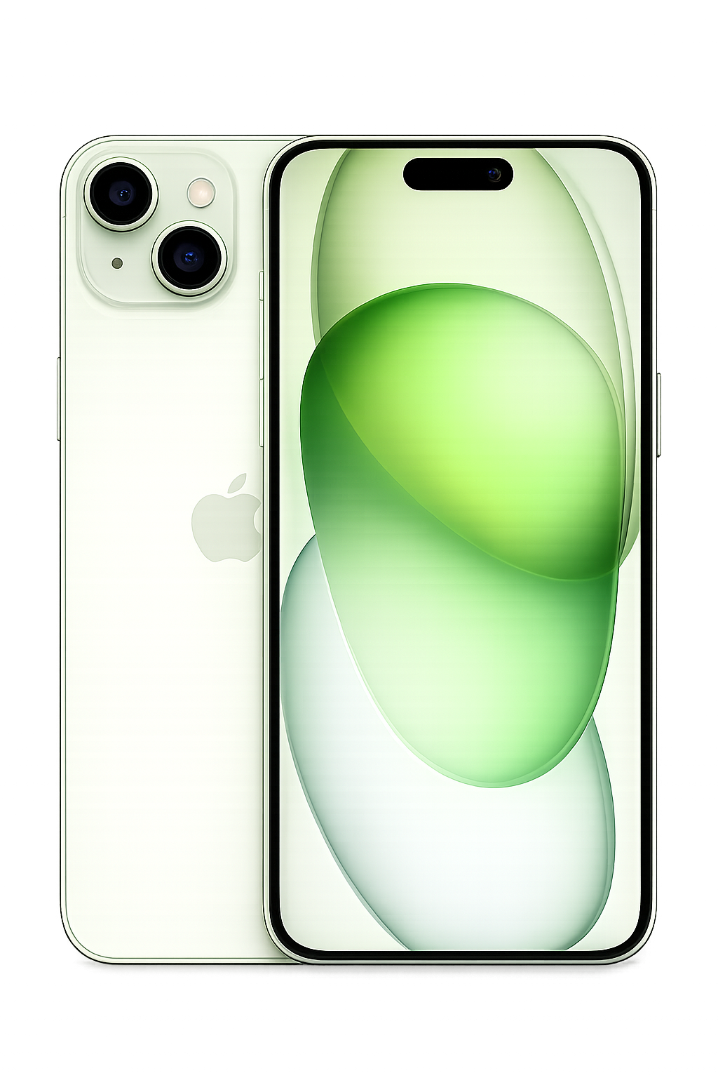 Een wit Apple iPhone met een groen en wit scherm, zichtbaar van voor en achter.