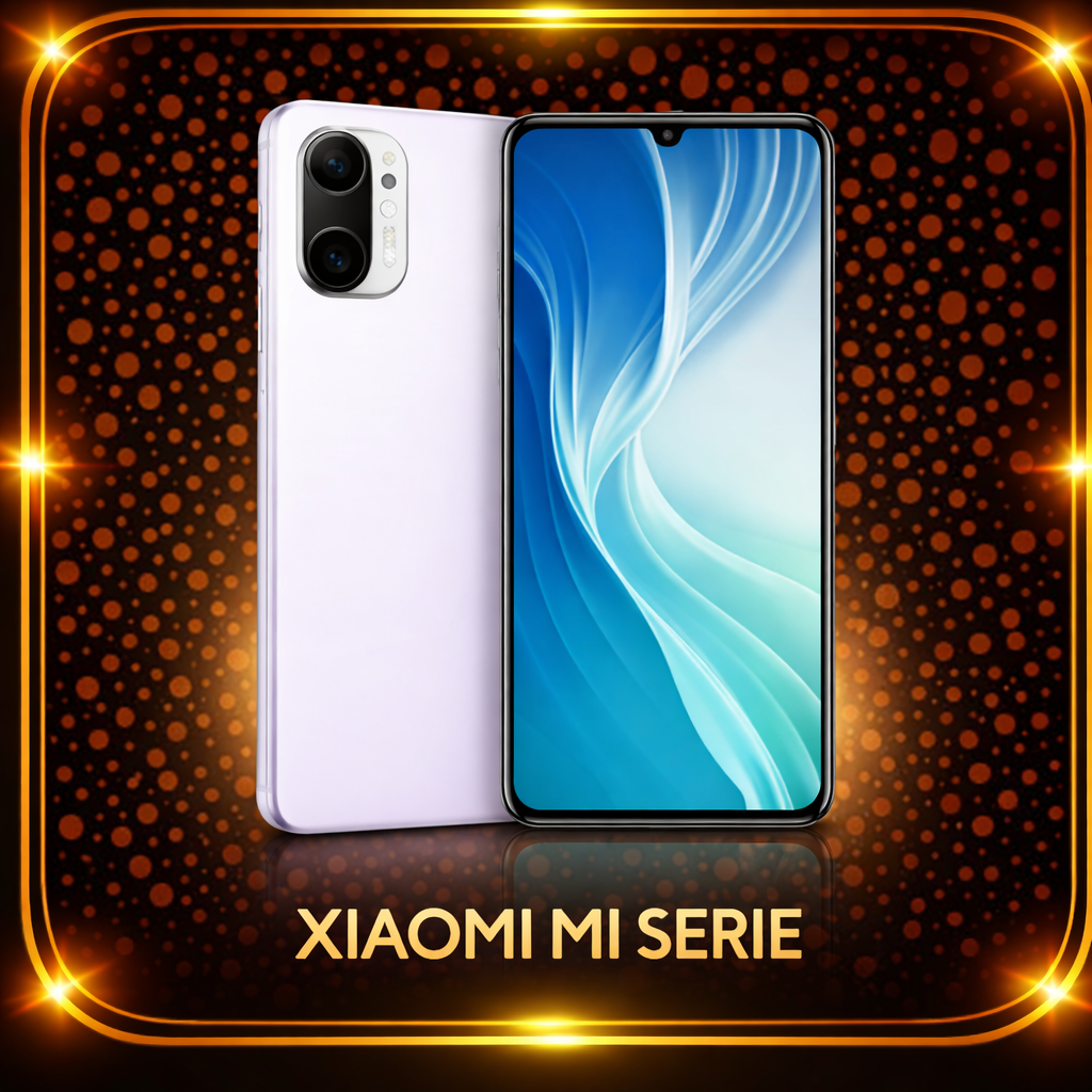 Een wit Xiaomi Mi-smartphone met een groot scherm en dubbele camera aan de achterkant, afgebeeld op een opvallende oranje en zwarte achtergrond met de tekst "Xiaomi Mi Serie" onderaan.
