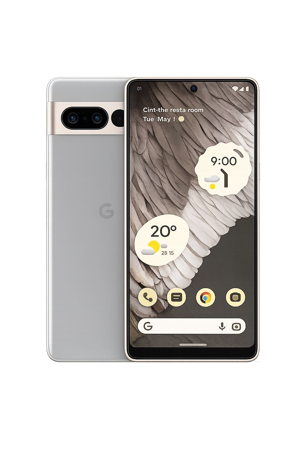 Een zwart en wit beeld van een nieuwe smartphone, mogelijk een Google Pixel, met een groot scherm en meerdere camera's aan de achterzijde. Het scherm toont onder andere de tijd, datum, weersinformatie en snelle toegang tot apps.