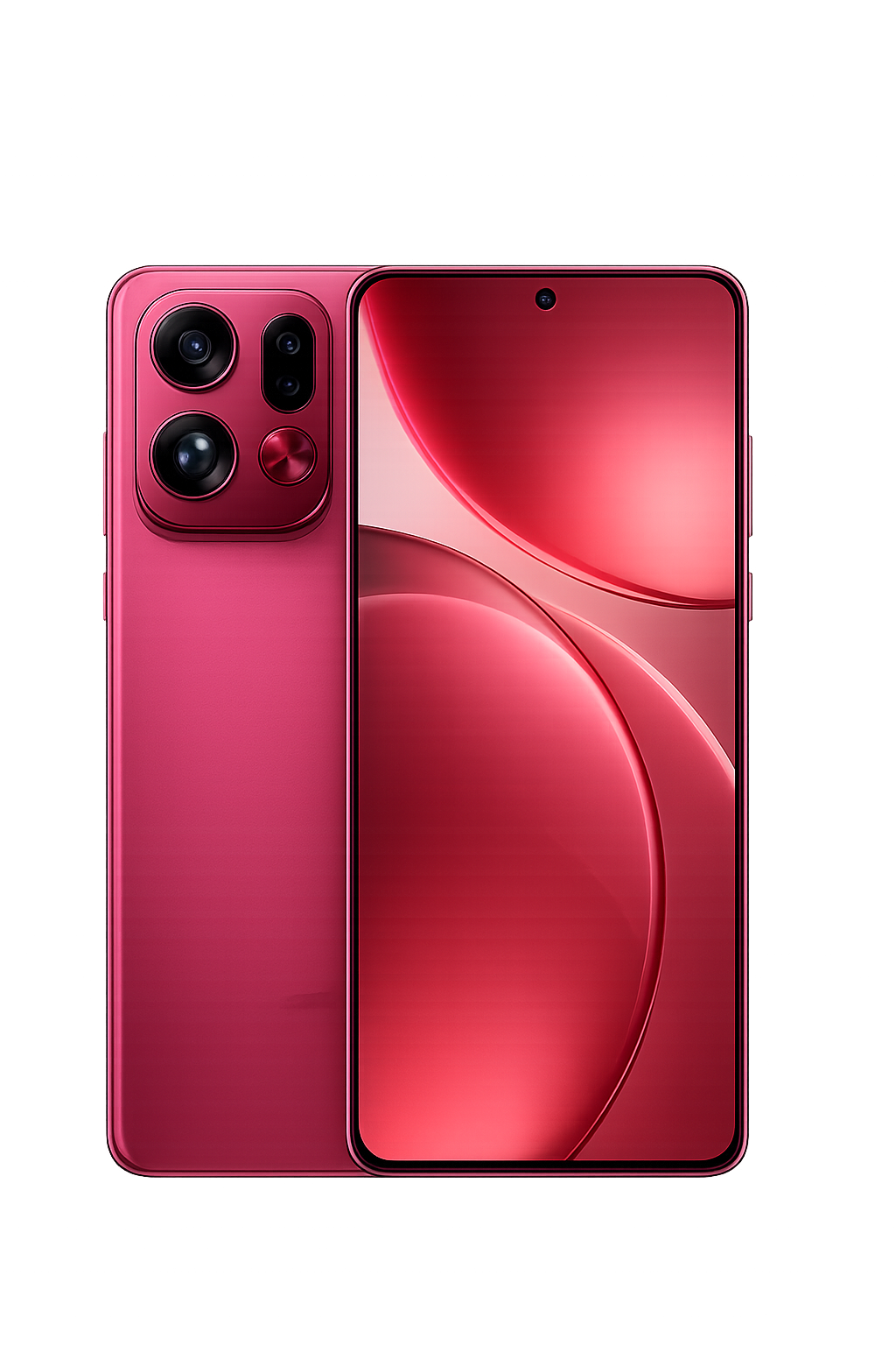 Een roze moderne smartphone met een groot scherm en drievoudige camera aan de achterkant.