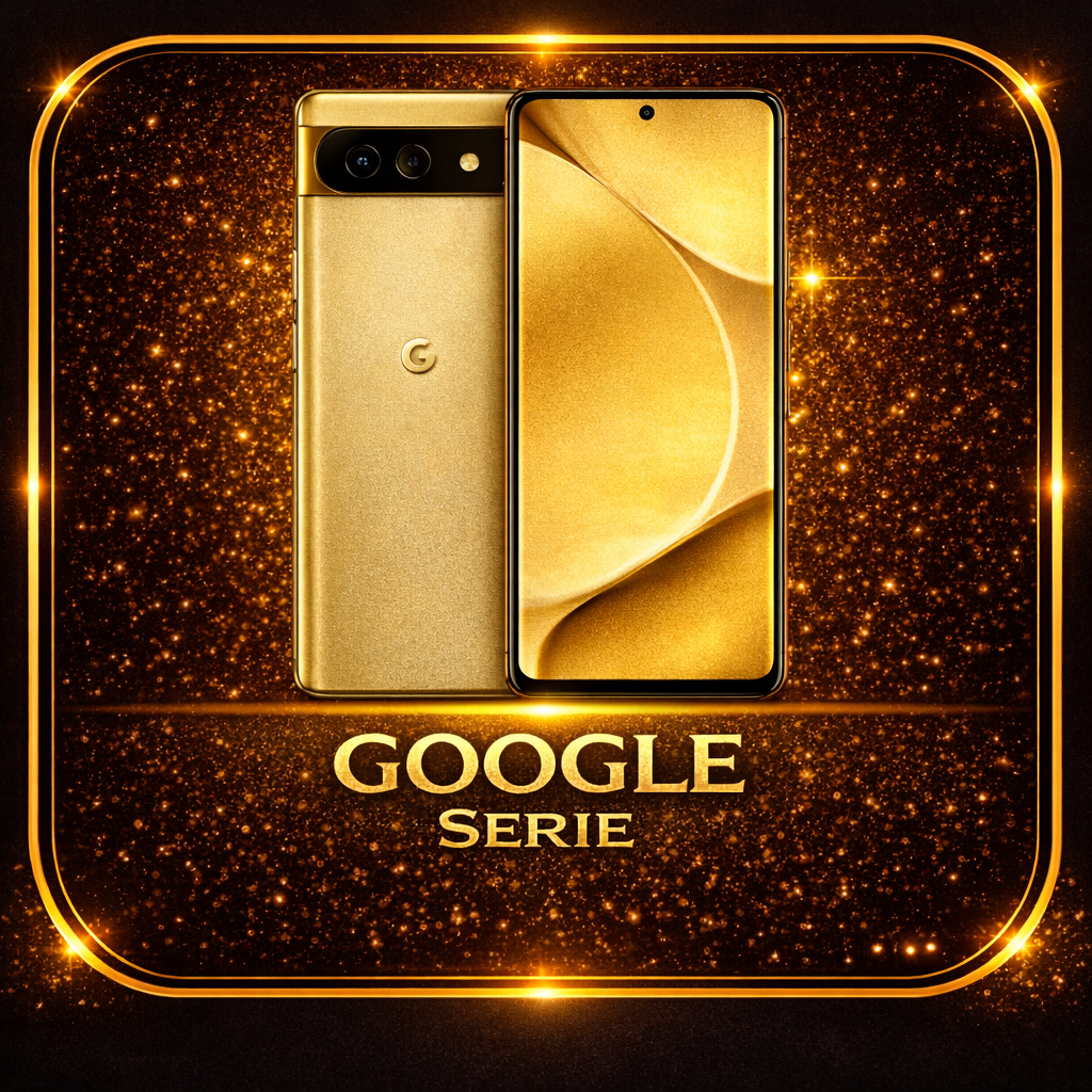 Gouden Google-telefoon met bijbehorende tekst 'Google Serie' op een glinsterende gouden achtergrond.