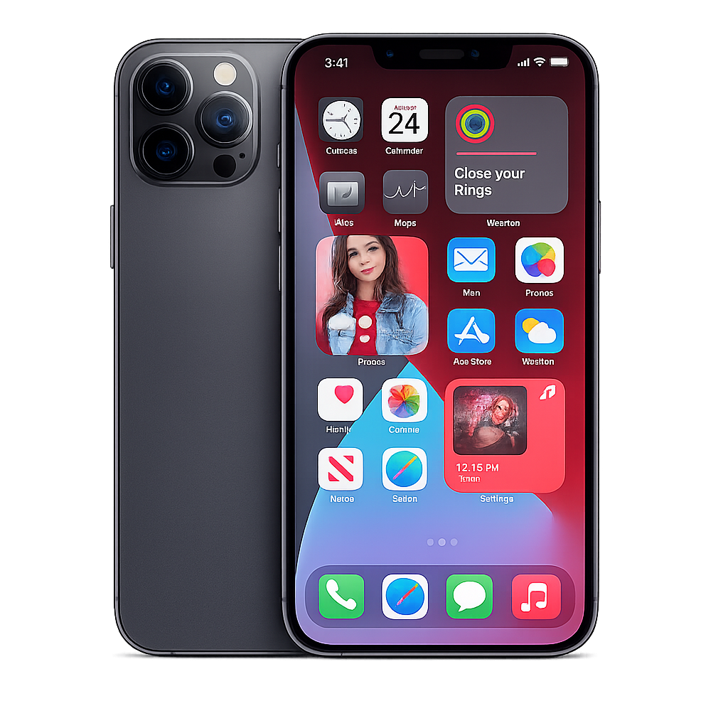 Een zwarte iPhone met een scherm dat verschillende apps en widgets toont, inclusief een foto van een vrouw, een klok, kalender, en berichten.