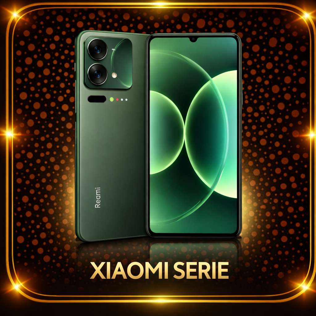 Een Xiaomi smartphone uit de Xiaomi serie met een groene achterkant en een groot scherm, afgebeeld tegen een feestelijk achtergrond met gouden stippen en een rand, met de tekst 'Xiaomi Serie' onderaan.