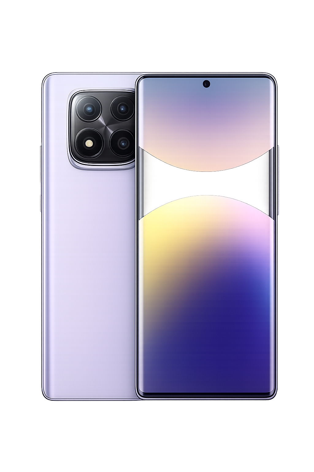 Een nieuwe smartphone met grote display en een quad-camera systeem aan de achterkant, tegen een kleurrijke en dynamische achtergrond.