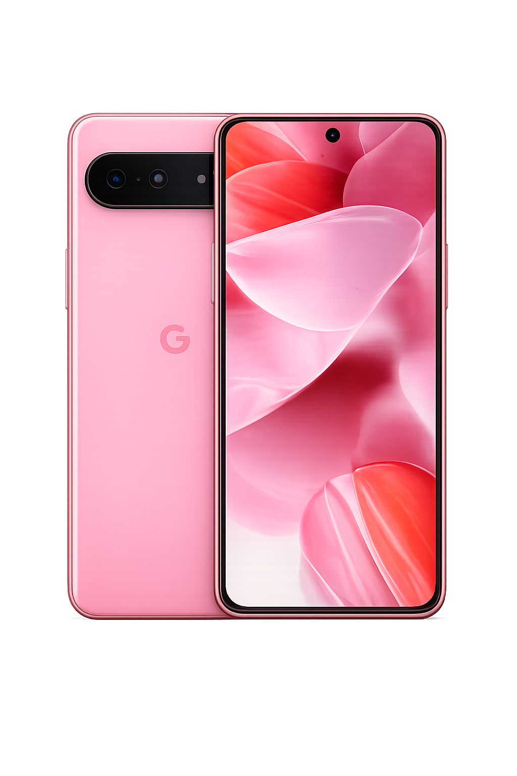 Een roze smartphone met een groot scherm en een voorkantcamera, getoond vanaf de voorkant en achterkant, tegen een zwarte achtergrond.