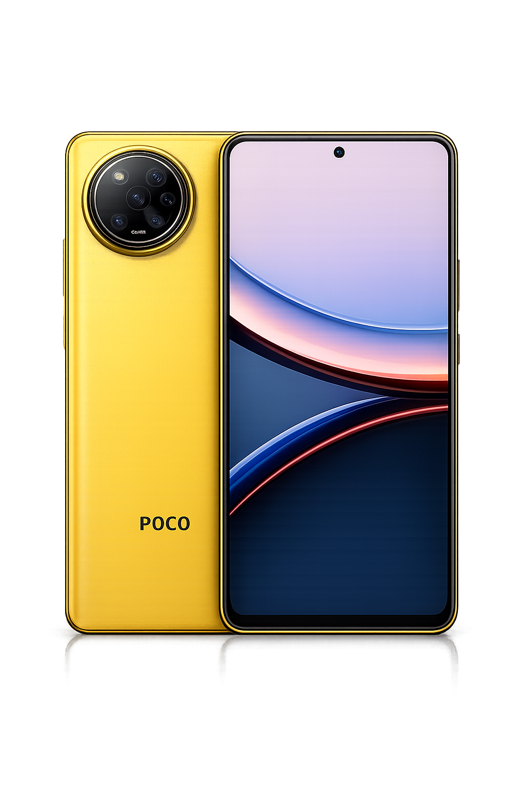 Gele smartphone van POCO met een grote scherm en een ronde cameramodule met meerdere lenzen, afgebeeld op een zwarte achtergrond.