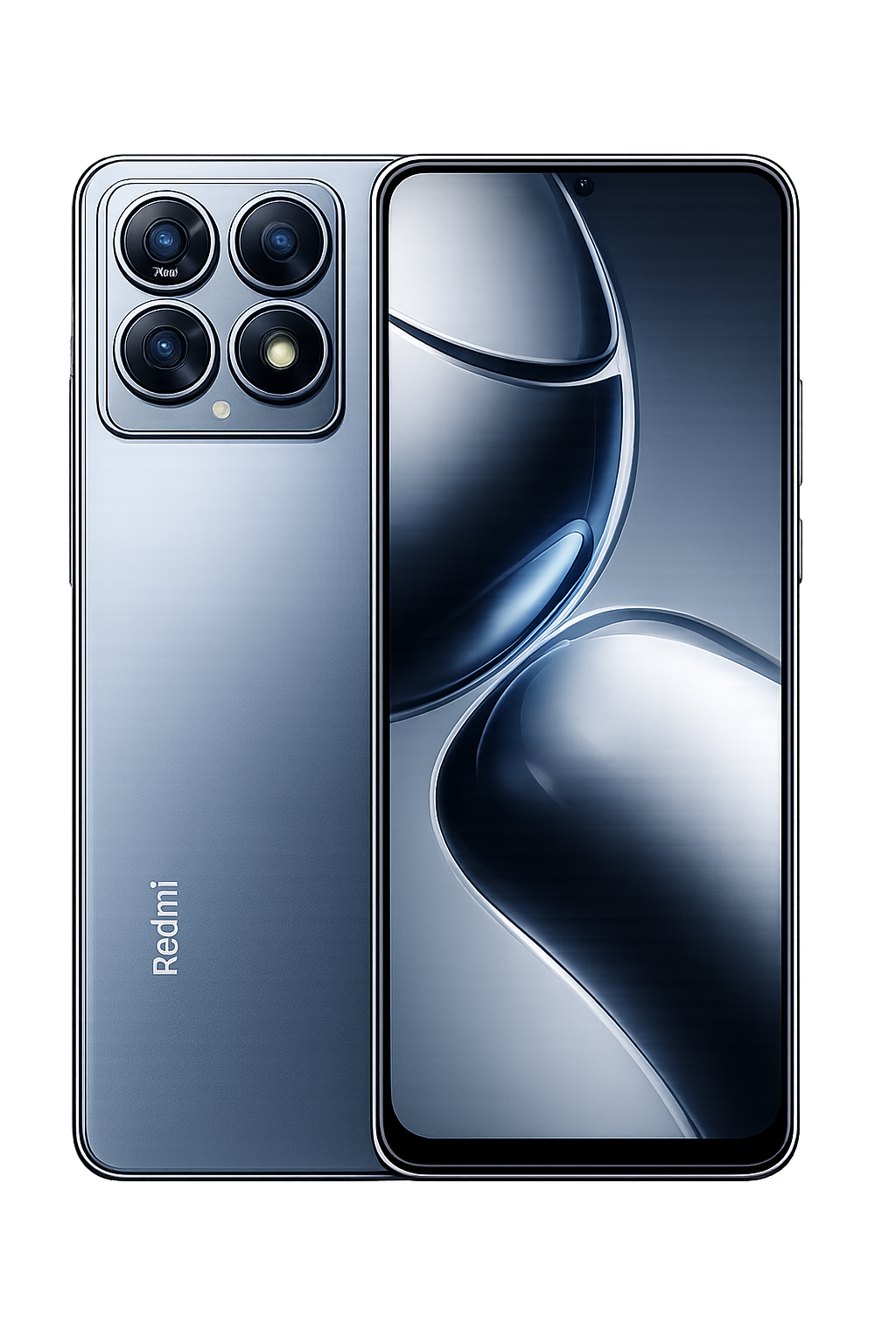 Een zwart en zilverkleurige smartphone met vier camera's aan de achterkant en een groot scherm vooraan.