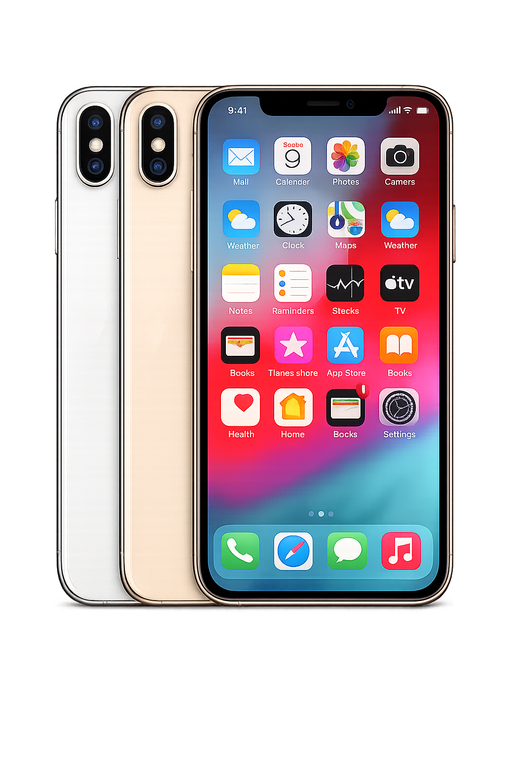Smartphone met kleurrijk display en dual camera aan de achterkant, op een donkere ondergrond met gekleurde verlichting op de achtergrond.