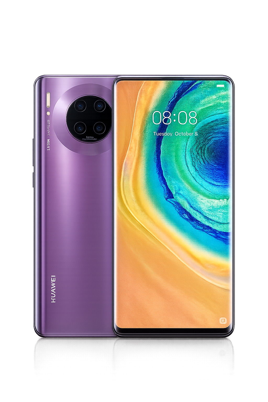 Een Huawei-smartphone met een paarse achterkant en een scherm dat de tijd en datum toont, omgeven door een kleurrijk achtergrondpatroon.