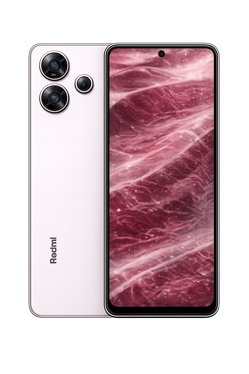 Een afbeelding van een witte smartphone met drie cameralenzen aan de achterkant en een scherm dat een roodgekleurde, marmerachtige achtergrond toont.