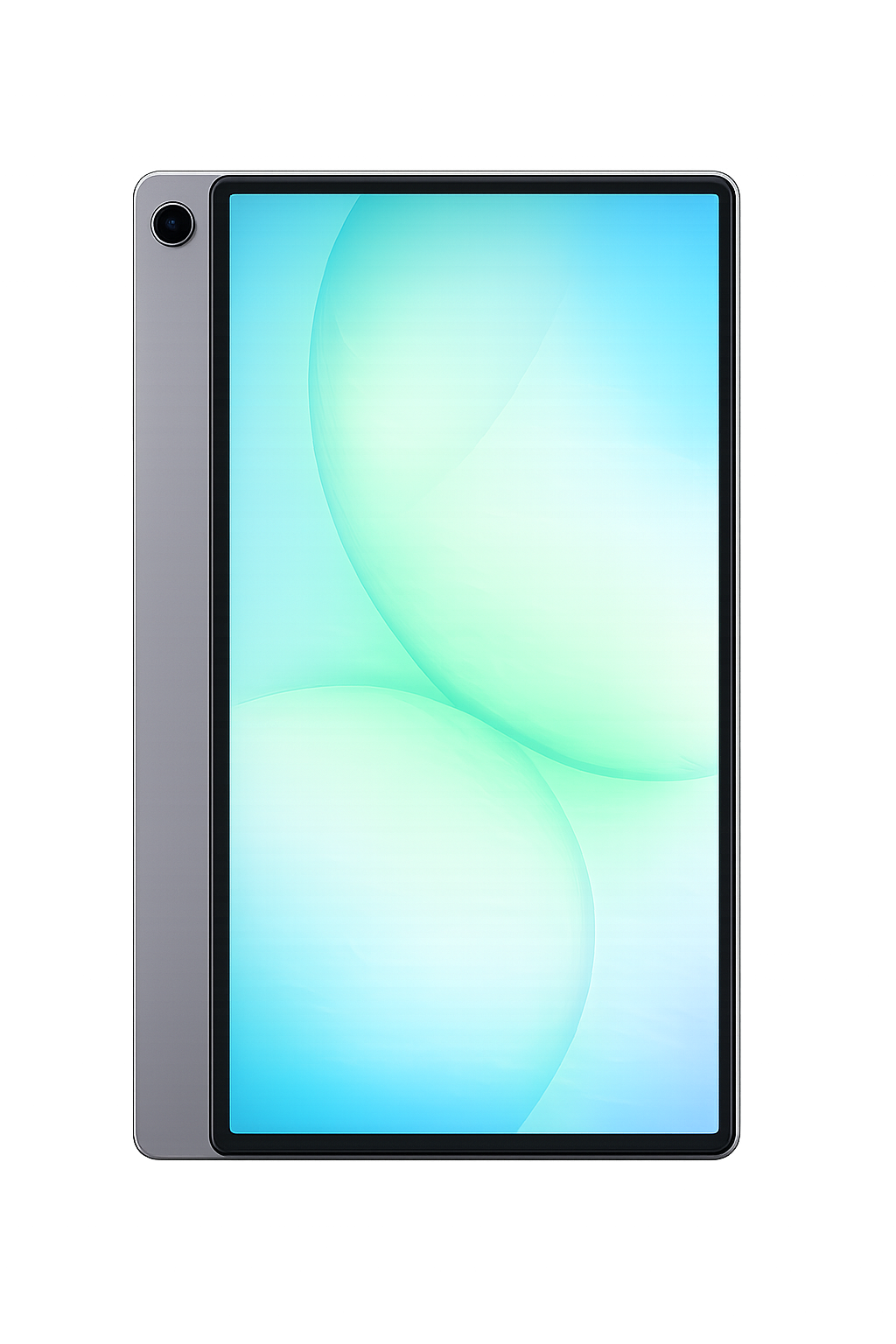 Een moderne smartphone met een groot scherm, wit en lichtblauw schermachtergrond, tegen een donkere achtergrond met lichteffecten.