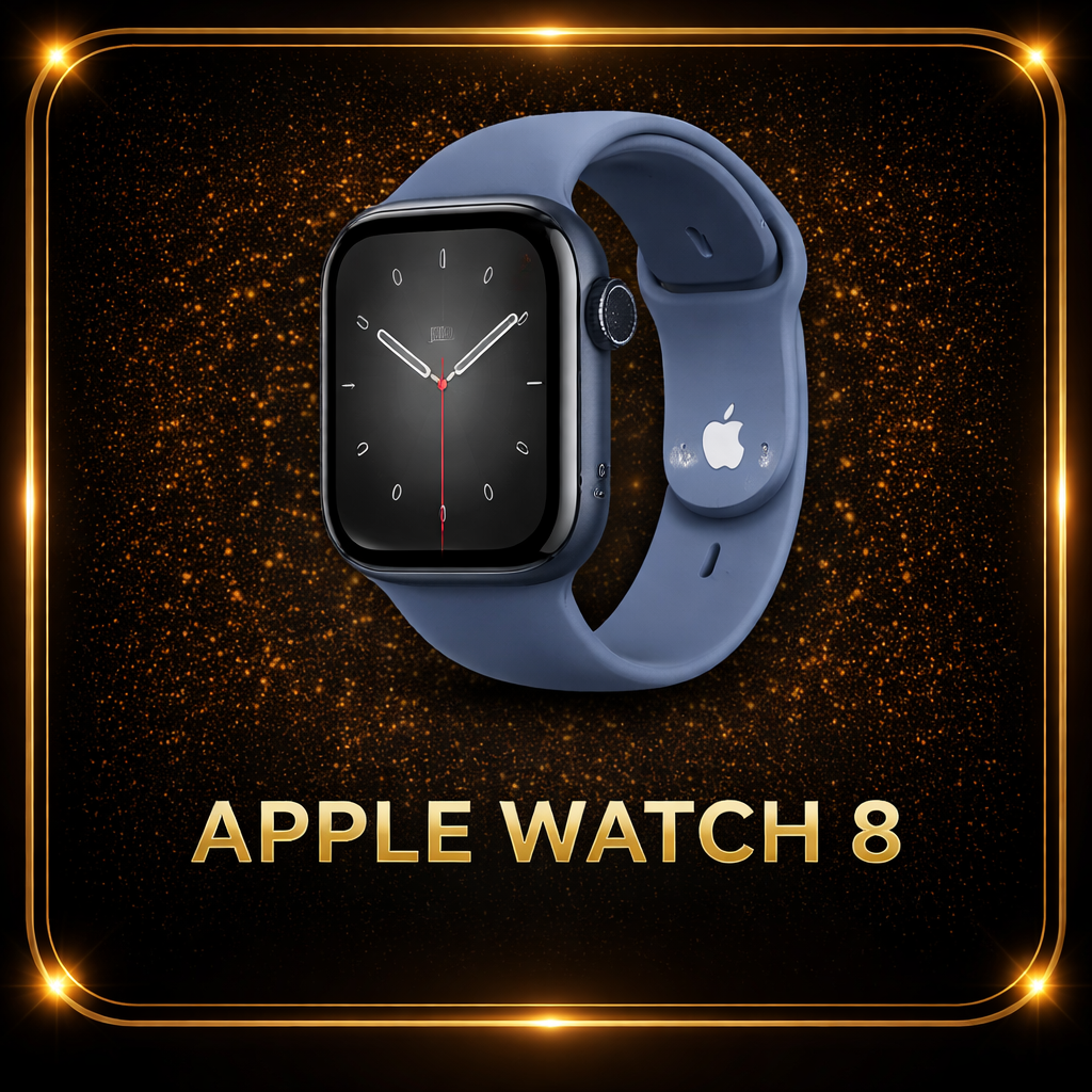 Een Apple Watch 8 met een blauw band tegen een achtergrond van goudkleurige glitters en een gouden rand, met de tekst 'Apple Watch 8' onderaan.
