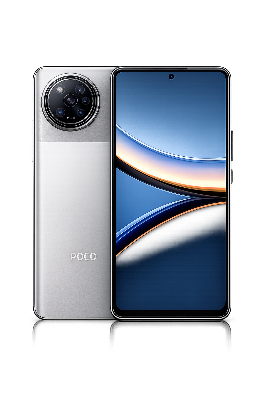 Smartphone met een grote scherm en een ronde cameramodule aan de achterkant, merk POCO.