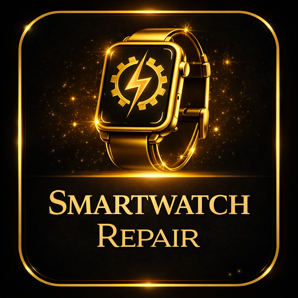 Een gouden smartwatch met een symbool van een bliksemschicht binnen een tandwiel op het scherm, omgeven door glinsterende sterren en een gouden rand, met de tekst 'Smartwatch Repair' onderaan.