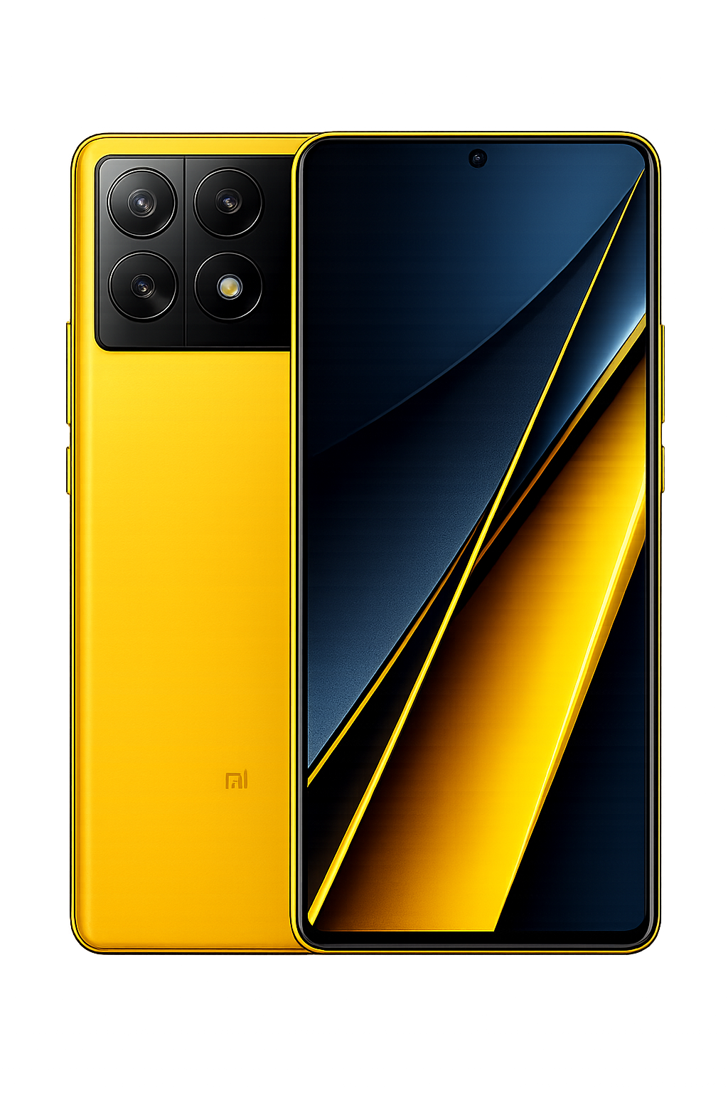 Duitse technologiemerk Xiaomi presenteert een nieuwe gele smartphone met een viervoudige camera aan de achterkant en een groot scherm met een diamantvormige onderkant.