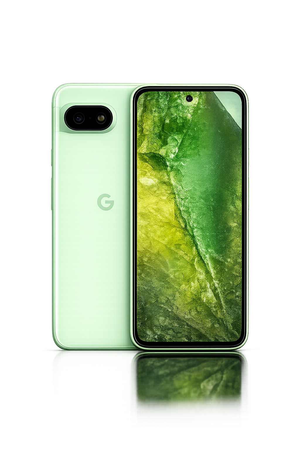 Een nieuwe groene Google Pixel smartphone met dubbele camera en een landscape-achtergrond op het scherm, tegen een kleurrijke lichtshowachtergrond.