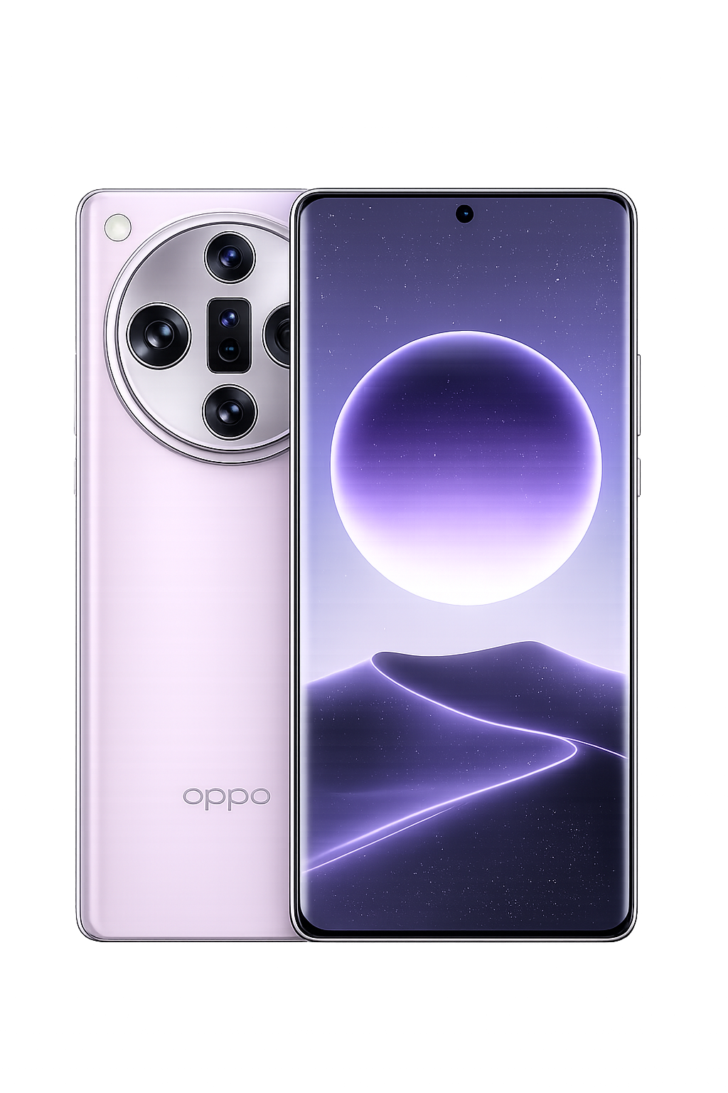 Een smartphone met een grote, randloze display en een opvallende camera-eenheid aan de achterkant, op een zwarte achtergrond met kleurrijke lichtaccenten.