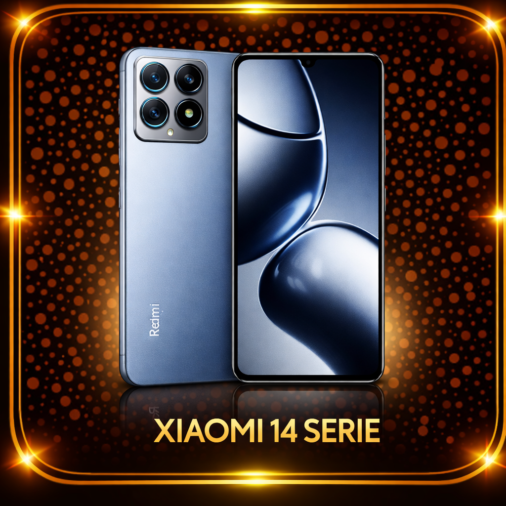 Een promotie afbeelding van de Xiaomi 14 Serie smartphone met een zilverkleurig toestel en een opvallend achterontwerp met een camera module met vier lenzen. De achtergrond is zwart met oranje glow en stippen, met de tekst 'Xiaomi 14 Serie' er onder.