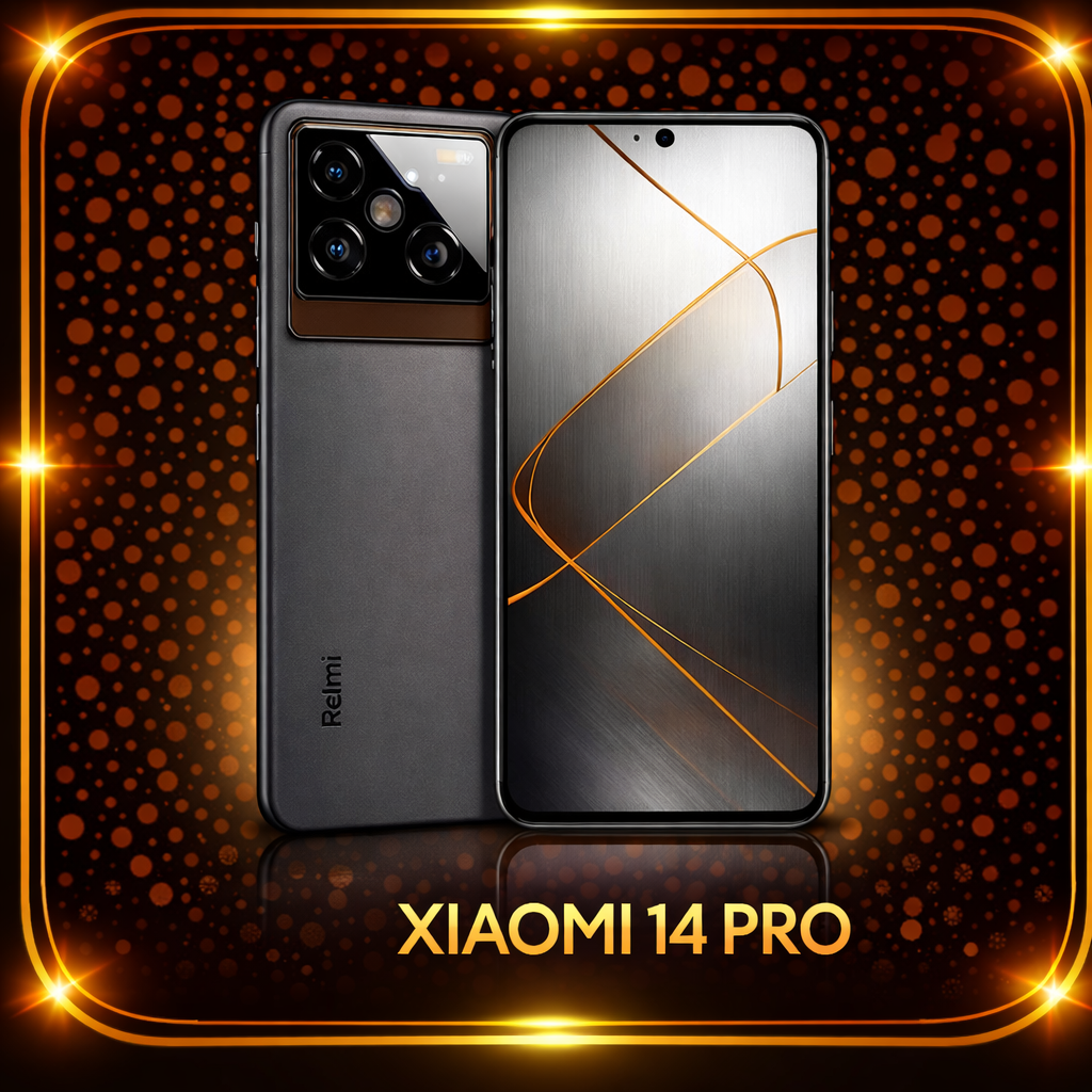 Een afbeelding van de Xiaomi 14 Pro-smartphone met een zwart ontwerp en een grote scherm. Op de achterkant is een camera-eenheid met vier lenzen zichtbaar. De achtergrond bestaat uit een zwart-oren met oranje stippen en een gouden rand met stralende lichtvlekken, met de tekst "Xiaomi 14 Pro" onderaan.