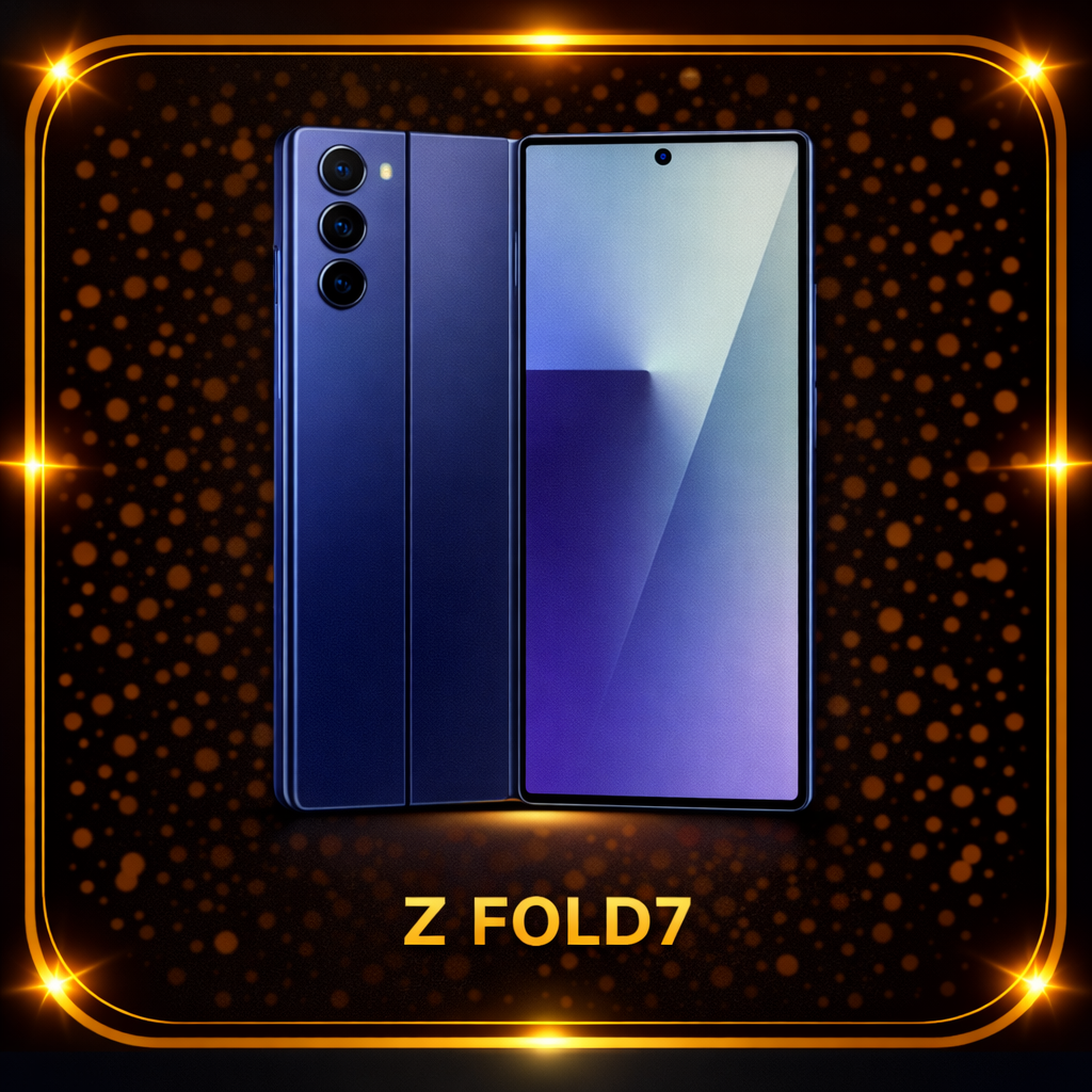 Een blauwe smartphone met drievoudige camerasensoren op de achterkant en een groter scherm aan de voorkant, omringd door een gouden glow-effect met een zwarte achtergrond met oranje stippen, en de tekst 'Z FOLD7' onderaan.