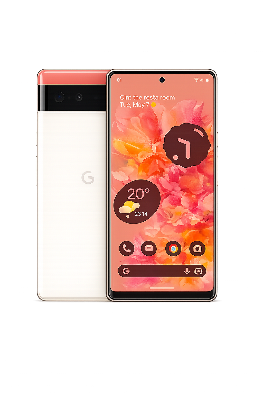 Een mobiele telefoon met een roze en zwarte achterkant en een ander apparaat achter het scherm, beide weergegeven tegen een donkere achtergrond met blauwe lichtpatronen.