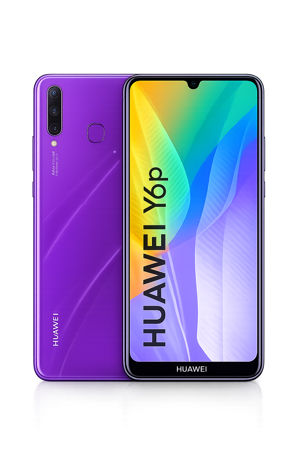 Een roze en groene Huawei Y6p smartphone, met het scherm naar voren en de achterkant zichtbaar, geladen met kleurrijke achtergrond en tekst op het scherm.