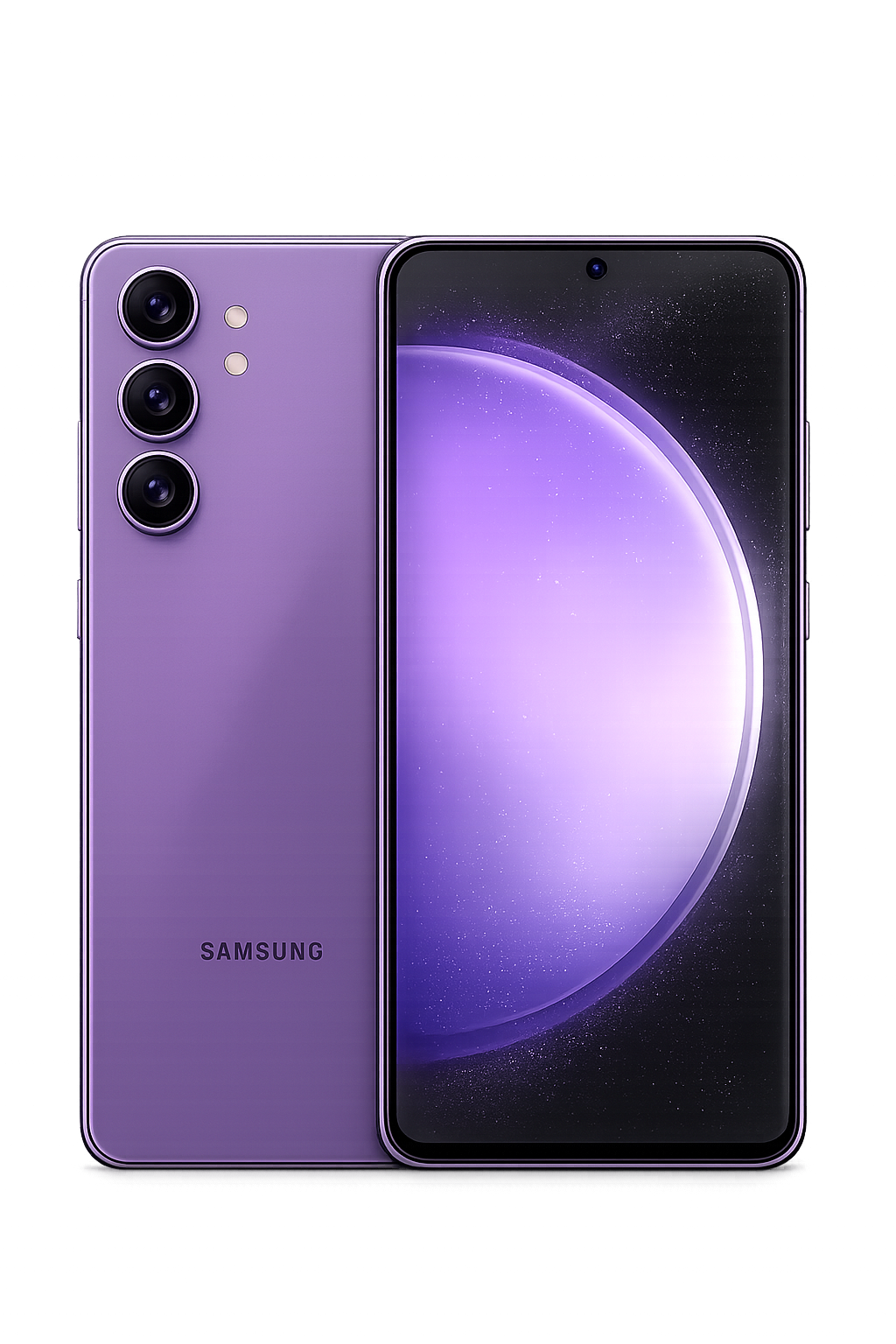 Een paarse Samsung-smartphone met drie camera's aan de achterkant en een groot scherm dat een achtergrond met een lichtere paarse en blauwe aardse sfeer toont.