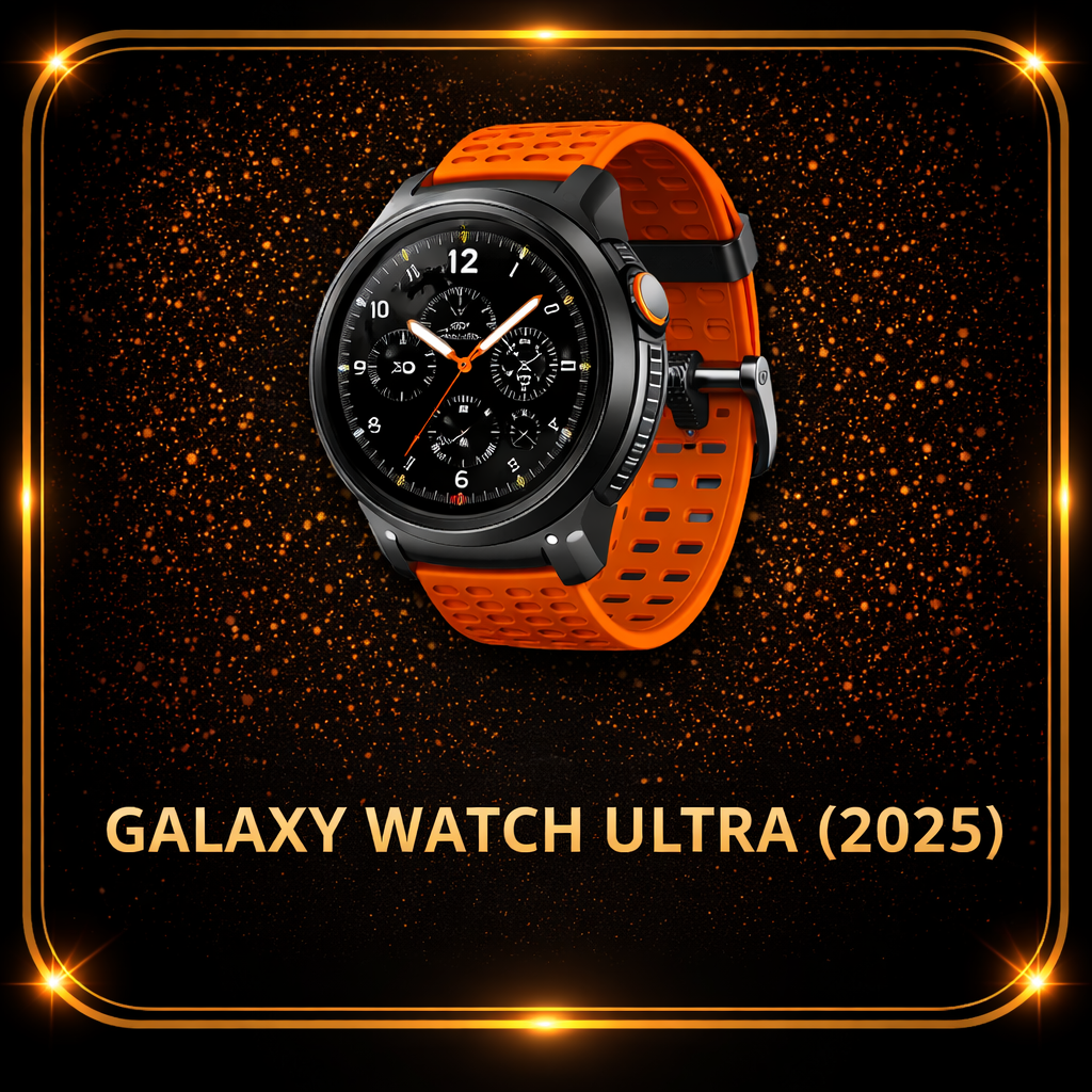Een Samsung Galaxy Watch Ultra 2025 met een zwart horlogehuis en een oranje, ademend bandje, afgebeeld tegen een zwart-goud spikkeld achtergrond.