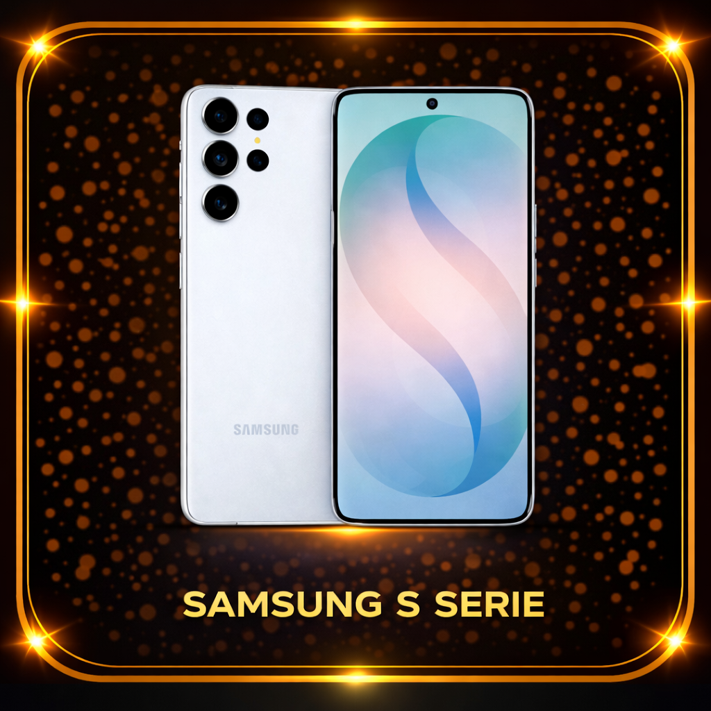 Een Samsung Galaxy S-serie smartphone met een witte achterkant en een scherm met een kleurenpatroon, omgeven door een glanzende gouden rand en een zwarte achtergrond met oranje vlekken.