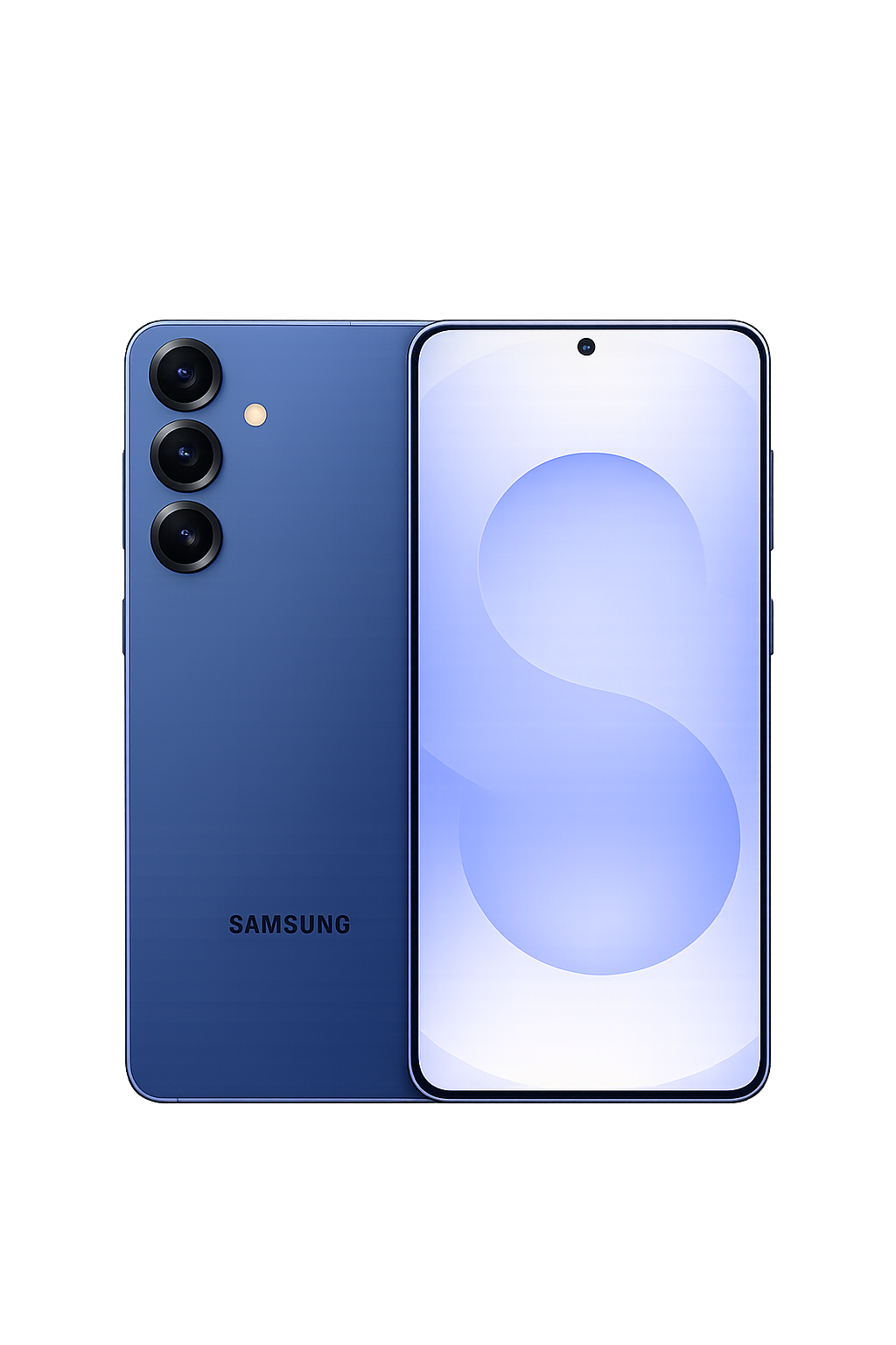 Nieuwe Samsung smartphone met drievoudige camera aan de achterkant en een groot scherm aan de voorkant, geplaatst op een zwarte achtergrond.