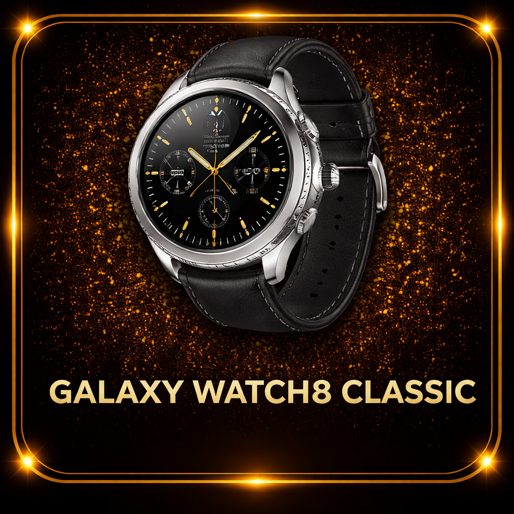 Een Samsung Galaxy Watch8 Classic met een zwart leren band en een zwarte wijzerplaat met gouden accenten, afgebeeld tegen een achtergrond van goudkleurige glitters.