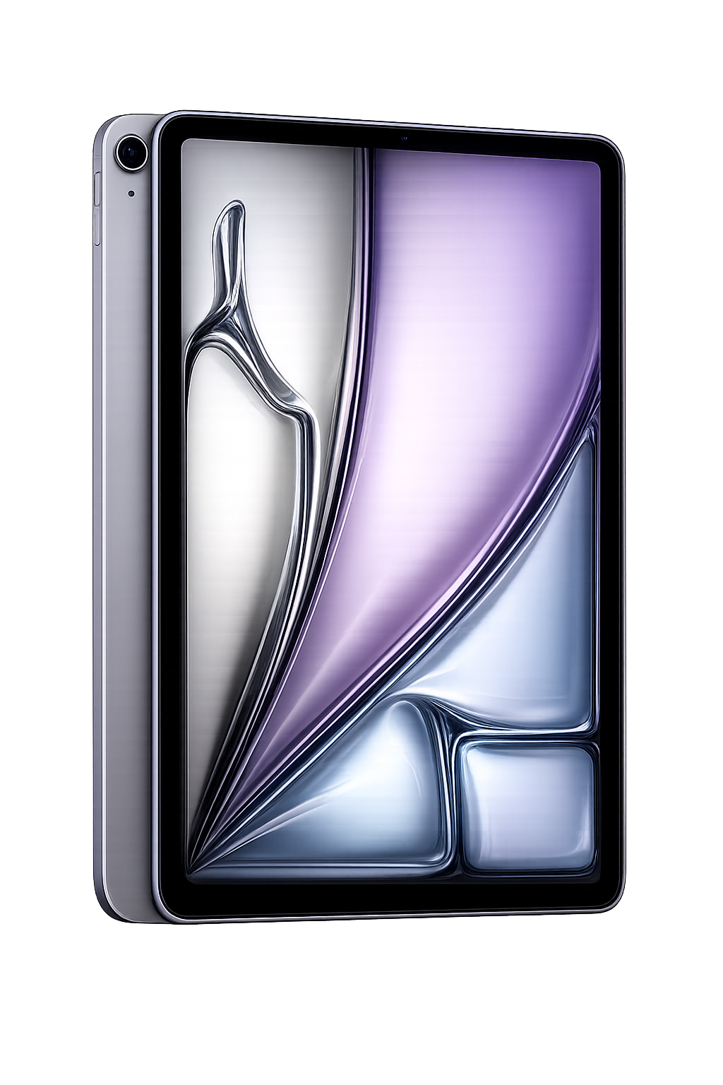 Close-up van een nieuw model smartphone met een groot scherm en dunne randen, tegen een donkere achtergrond met rode en paarse lichtstralen.