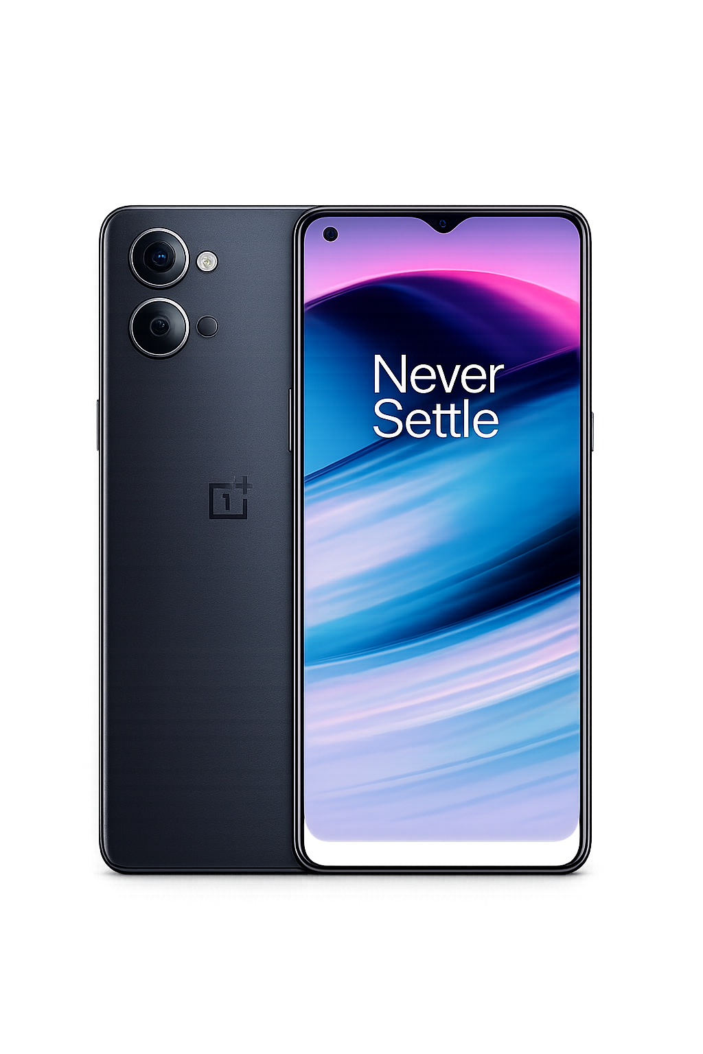 De afbeelding toont een OnePlus-smartphone met de tekst 'Never Settle' op het scherm, met een kleurrijk en modern ontwerp.