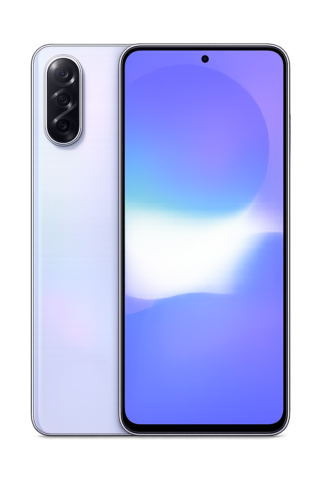 Een witte smartphone met een groot scherm en drie camera's aan de achterkant.