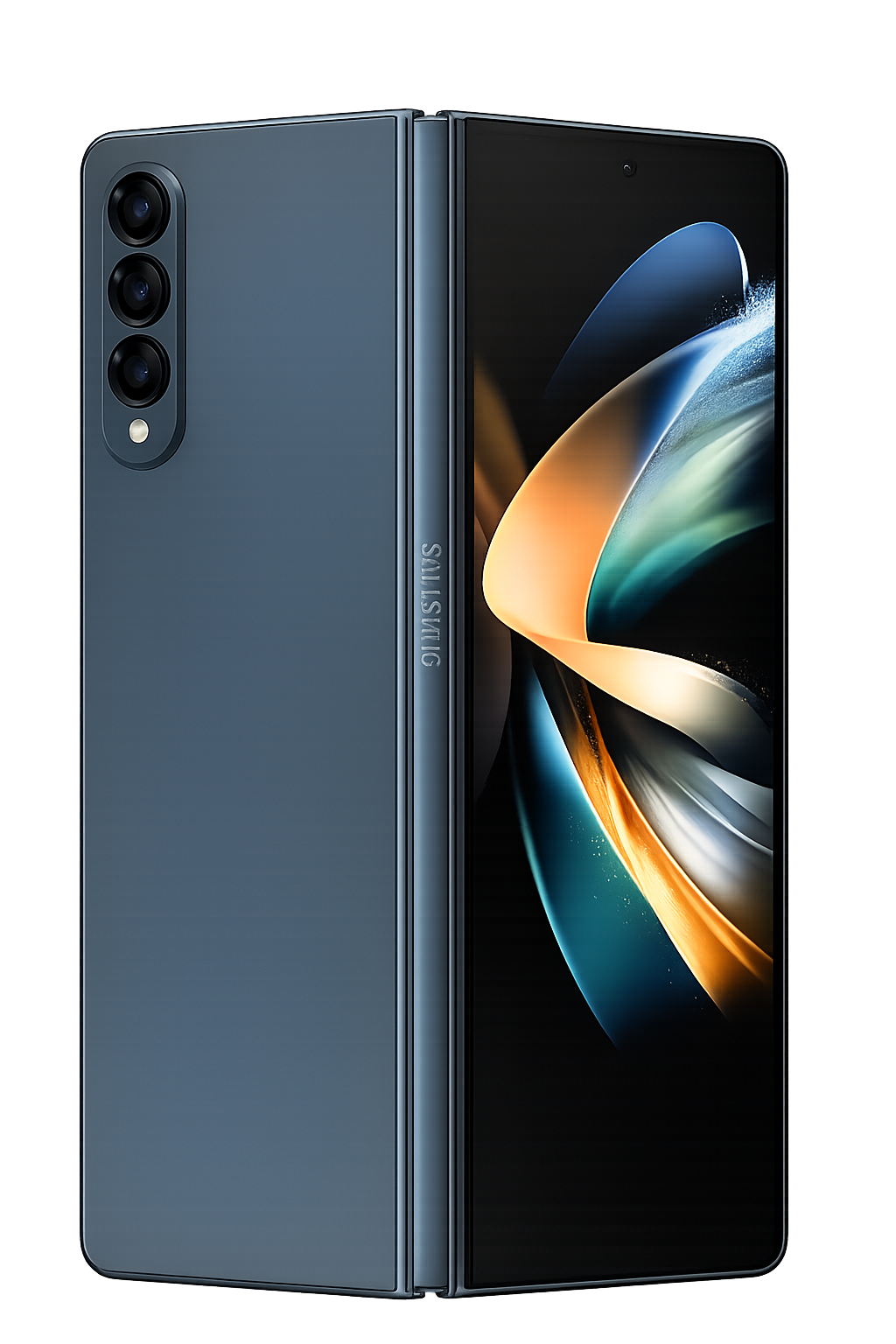 Een close-up van een Sony smartphone met een drie-camera setup op de achterkant en een doorschijnbaar scherm dat een kleurrijk abstractief beeld toont.