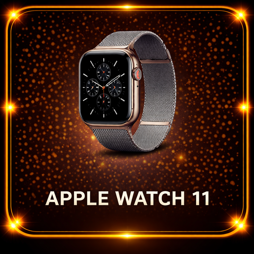 Een Apple Watch 11 met een zilveren band, afgebeeld tegen een gouden en zwarte achtergrond met lichteffecten.