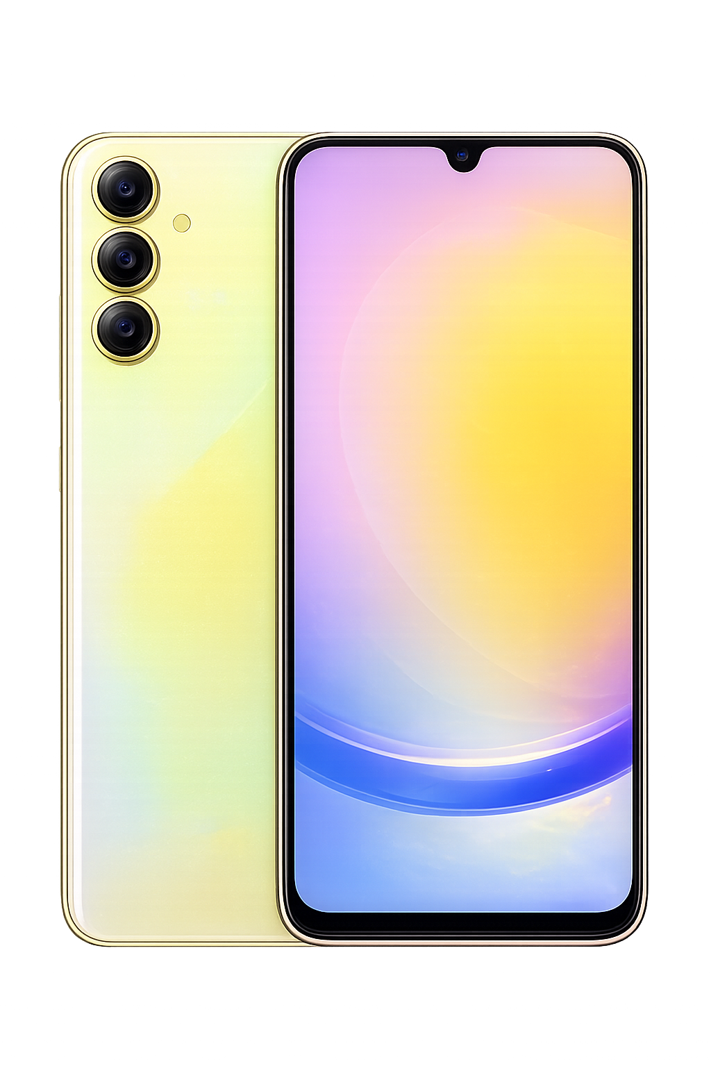 Gele smartphone met drie camera's op de achterkant en een groot scherm met een waterdruppel-uitsparing voor de frontcamera.