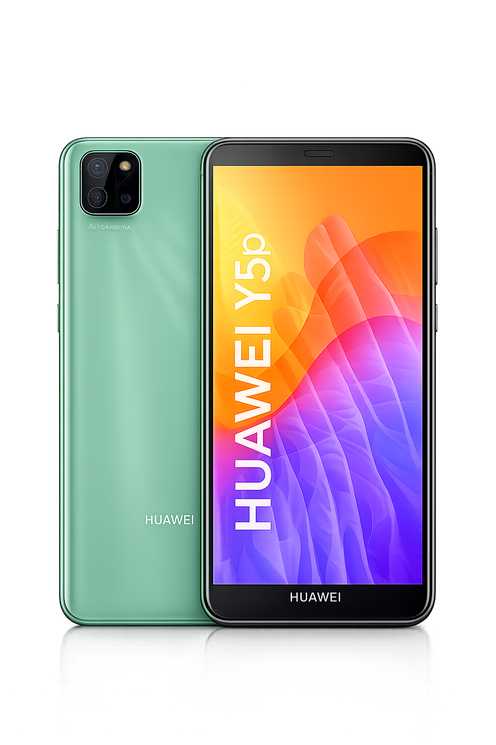 Een Huawei Y5p-smartphone in mintgroen met een groot scherm, vier camera's aan de achterkant en de tekst 'Huawei Y5p' op het scherm.