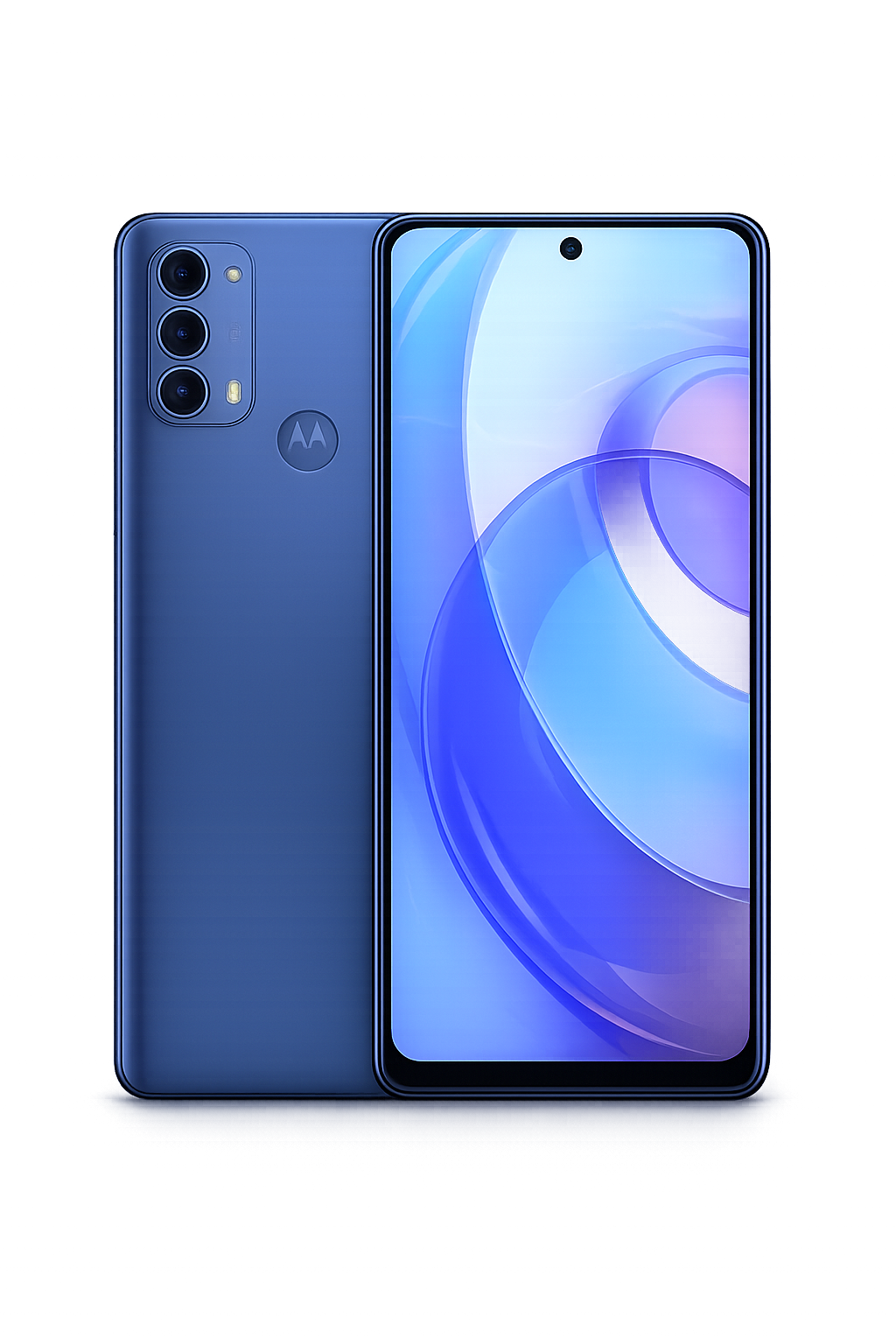 Motormobiel met meerdere camera's op de achterkant en een groot scherm aan de voorkant met een abstracte blauwe en paarse achtergrond.